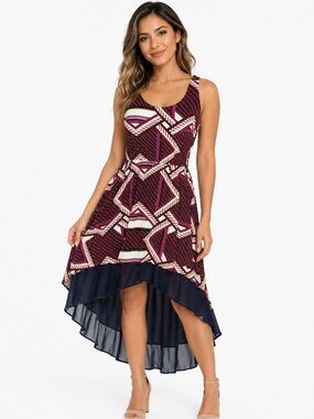 Xhilaration Geometric High Low Dress Medium Boho Hi Lo Sleeveless Rayon Midi